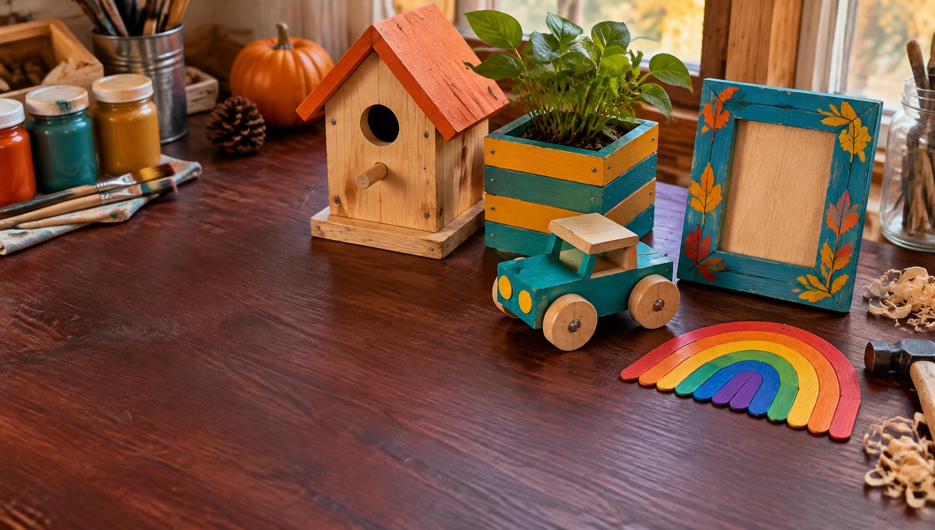 Handmade pumpkin-roof birdhouse, painted planter, wooden car, autumn picture frame and rainbow craft on a workbench